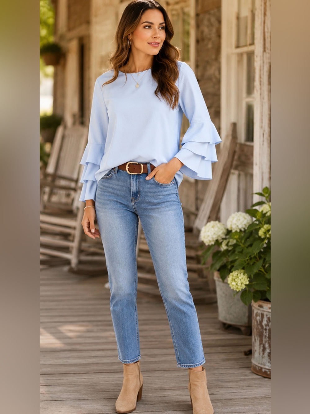 Style Dome Light Blue Ruffle Sleeve Blouse Size Small Tiered Bell Sleeve Top